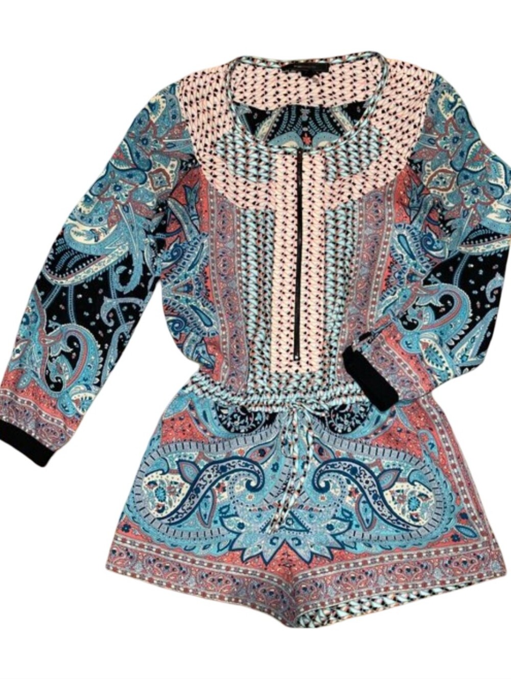 BCBGMAXAZRIA Benjamin Paisley Long Sleeve Romper Coral Blue S